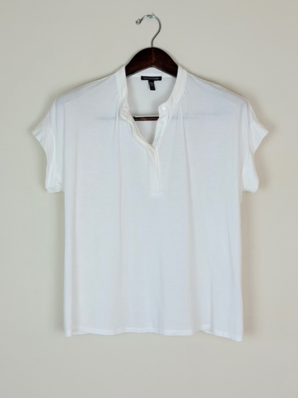 Eileen Fisher Fine Jersey Band Collar Short Sleeve Top Size Medium White